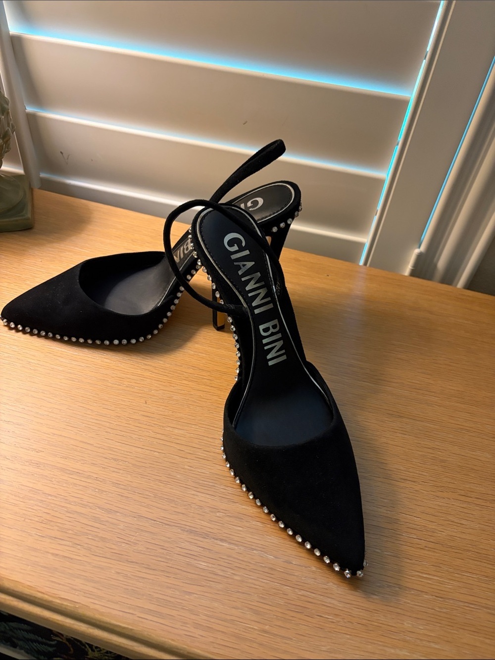 Gianni Bini black Suede sling black dress shoe with rhinestone trim 8.5 4”heel